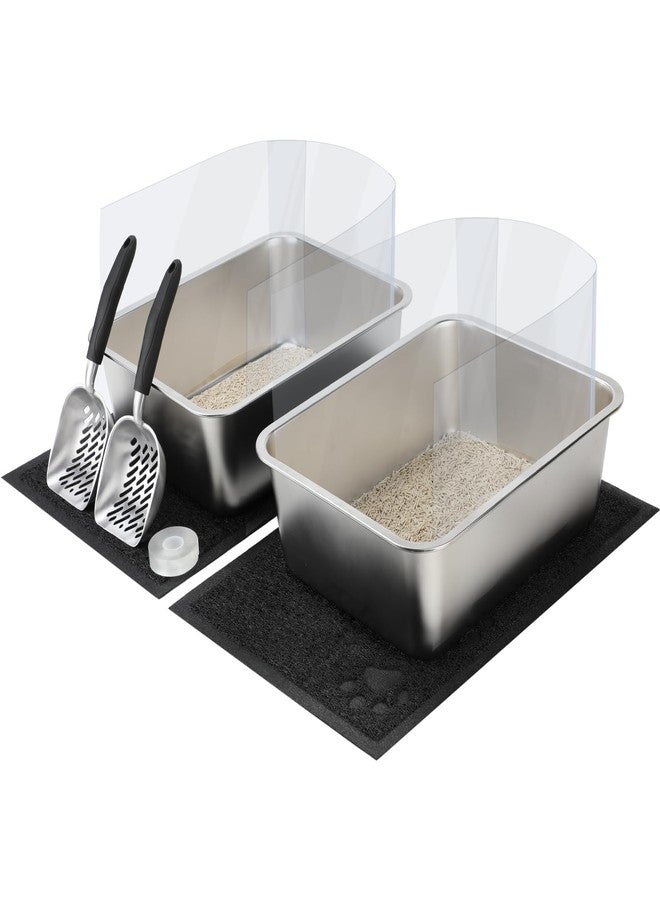 Rypet 2 Set Large Stainless Steel Cat Litter Box, Rust Proof Metal Kitten Litter Tray with Pee Splash Guard and 2 Cats Litters Scoops and 2 Cat Litters Mats Easy to Clean(17.5"*13.6"*6") - Image 1